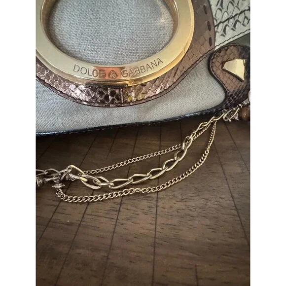 Dolce & Gabbana Y2K Brown Gold Leather & Jute Shoulder Bag Statement Charm Strap - Picture 11 of 16